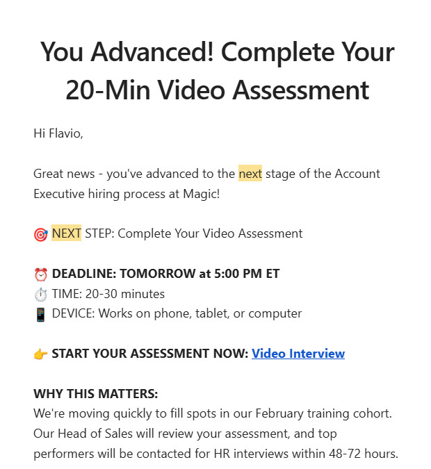 Captura de e-mail da Magic informando que Flavio avançou no processo de Account Executive e convidando para uma avaliação em vídeo de 20 minutos